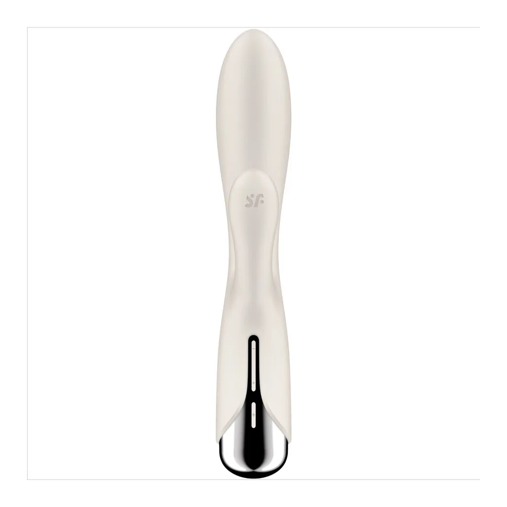 Vibromasseur rabbit rose mauve avec tige lisse et arrondie, tête bulbée, lapin articulé noir et blanc en silicone à la base, fond blanc