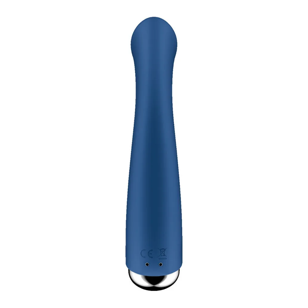 Vibromasseur bleu marine avec tête arrondie rotative et embout plat, finition mate, base métallique chromée, boutons de commande visibles