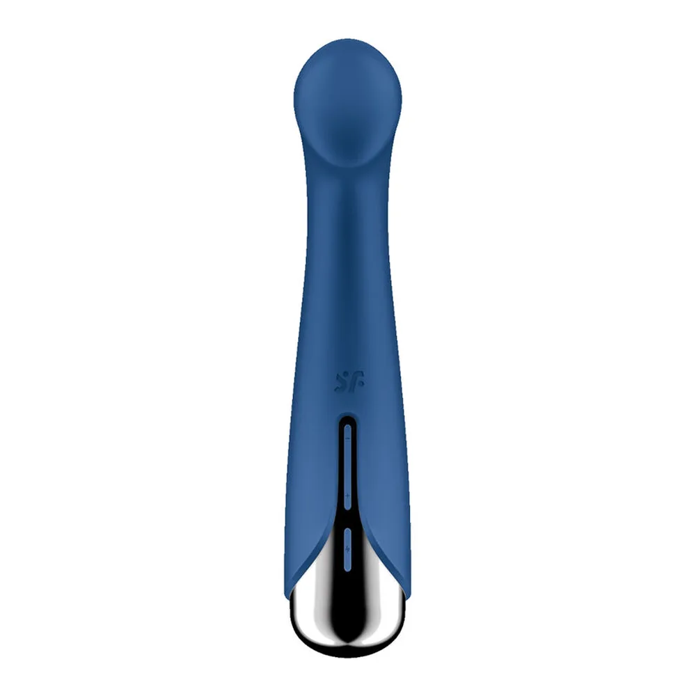 Vibromasseur bleu marine avec tête arrondie rotative et embout plat, finition mate, base métallique chromée, boutons de commande visibles