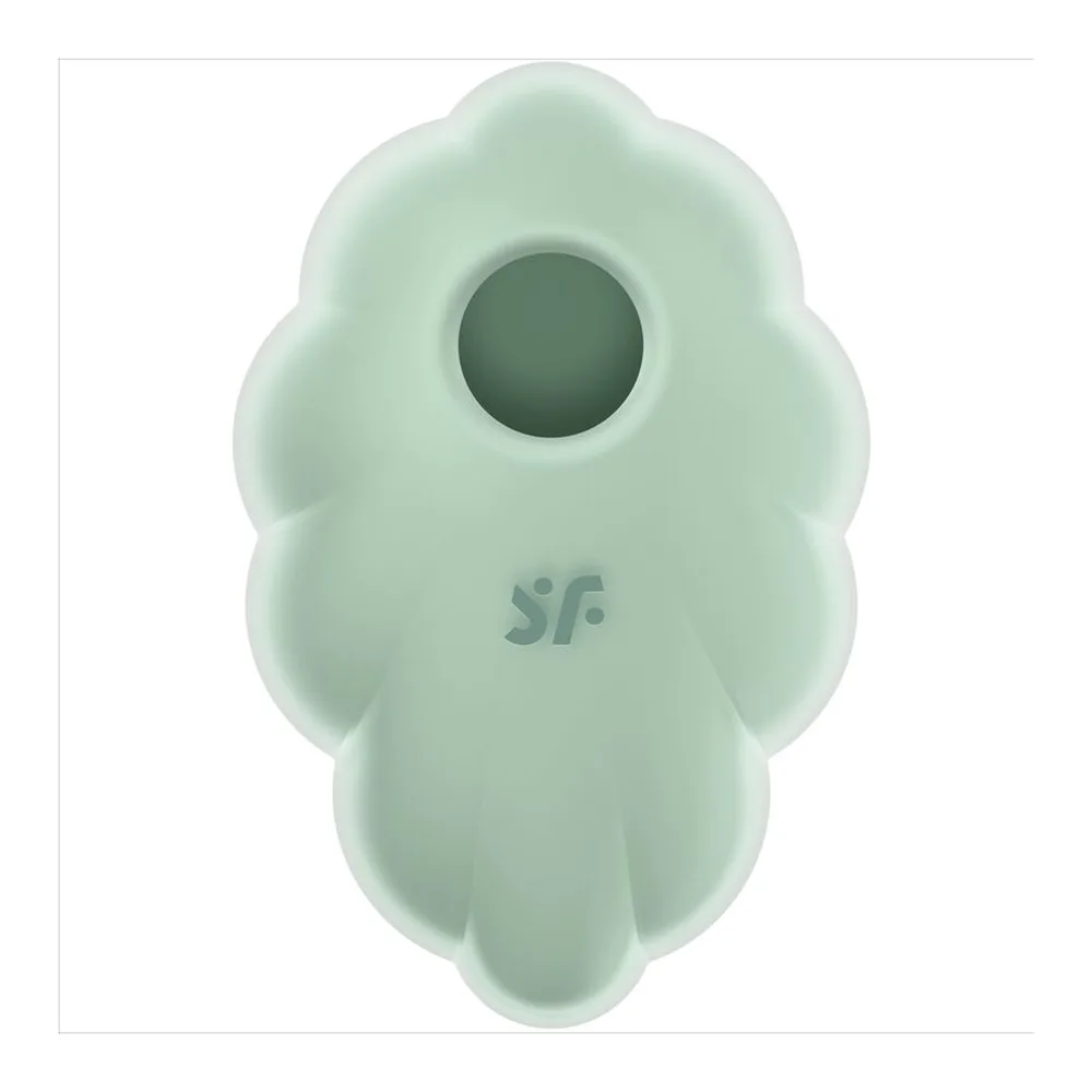 Stimulateur clitoridien en silicone vert pâle en forme de nuage, avec commandes tactiles et symboles d'onde sur la surface, sur fond blanc