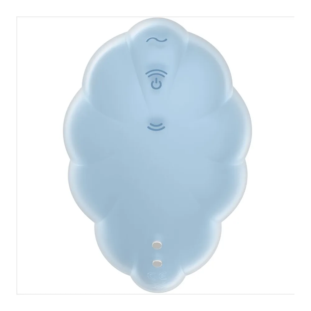 Stimulateur clitoridien en silicone vert pâle en forme de nuage, avec commandes tactiles et symboles d'onde sur la surface, sur fond blanc