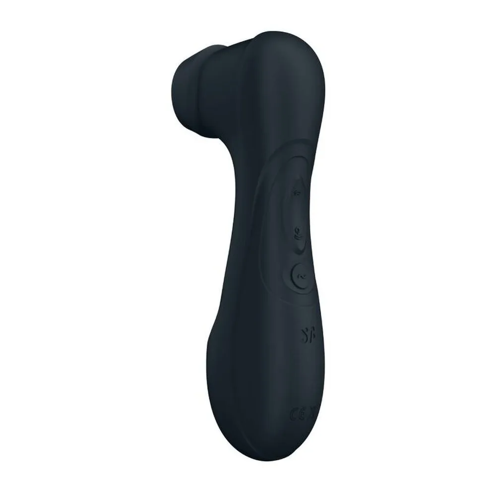 Stimulateur clitoridien noir en silicone avec tête ronde gonflable, corps ergonomique et commandes tactiles, fond blanc