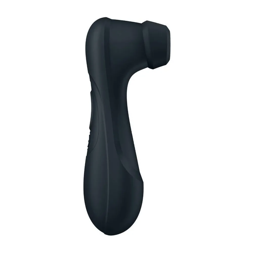 Stimulateur clitoridien noir en silicone avec tête ronde gonflable, corps ergonomique et commandes tactiles, fond blanc