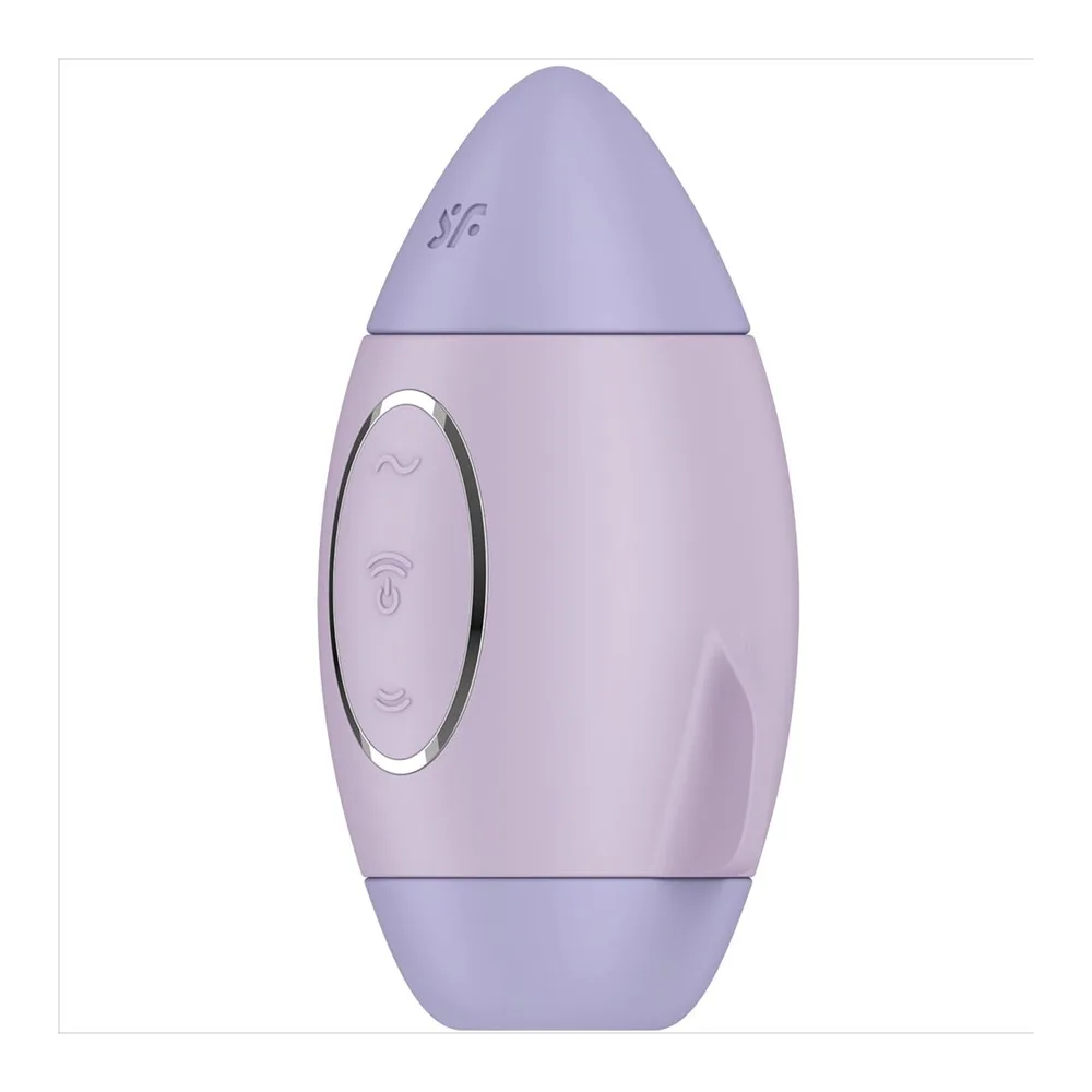 Vibromasseur de forme ovoïde en silicone rose poudré avec dôme violet, panneaux de commande tactiles et base colorée, sur fond blanc