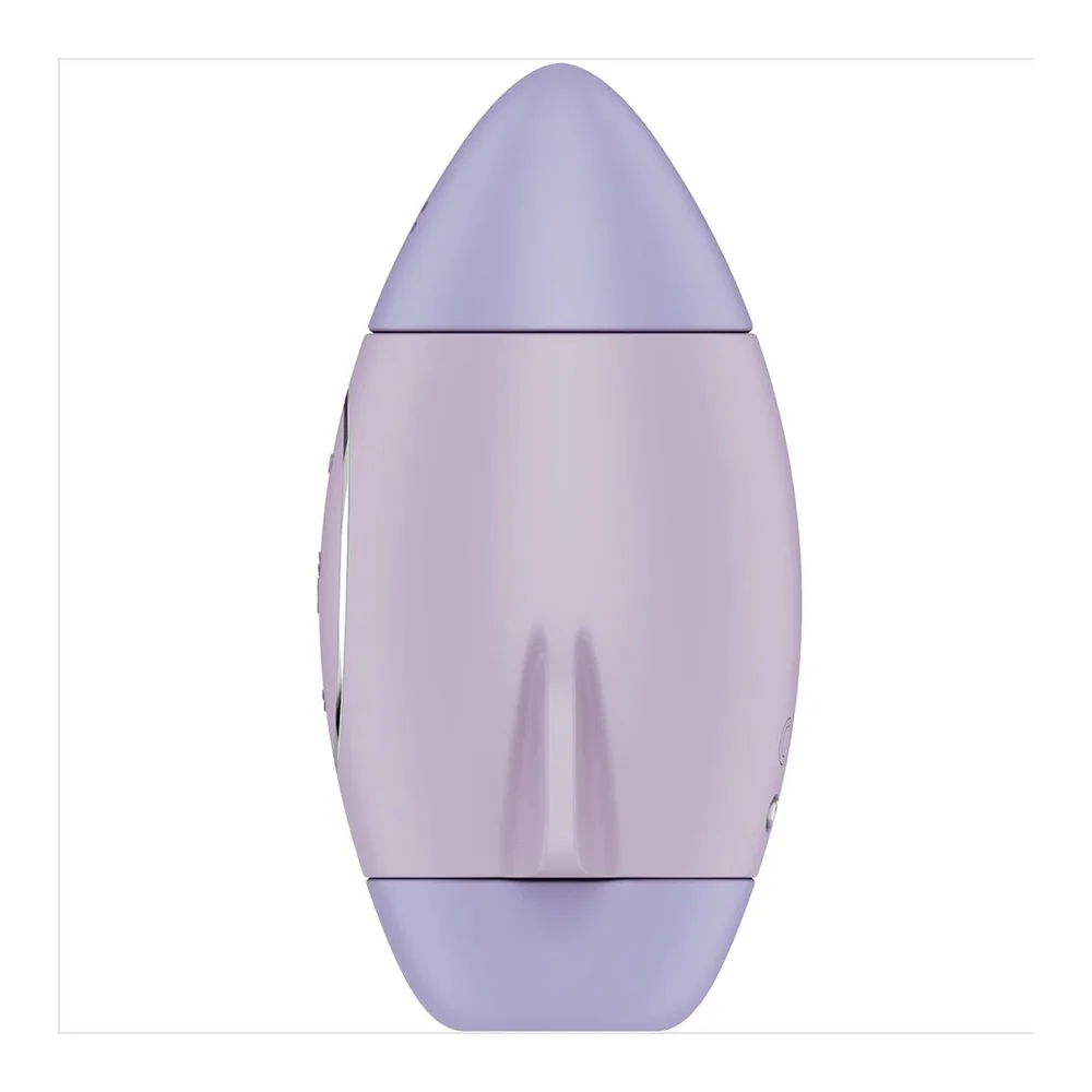 Vibromasseur de forme ovoïde en silicone rose poudré avec dôme violet, panneaux de commande tactiles et base colorée, sur fond blanc