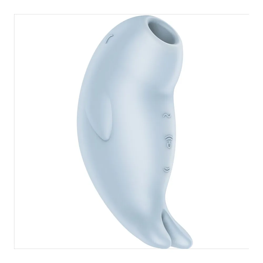 Stimulateur clitoridien en silicone bleu ciel, forme ovoïde arrondie avec motifs texturés, logo de marque gravé, picots de commande à la base, sur fond blanc