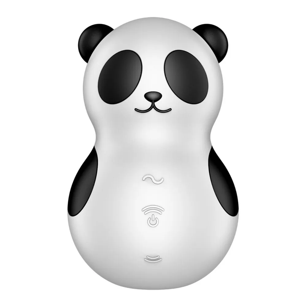 Stimulateur clitoridien en forme de panda blanc et noir avec grands yeux ovales, oreilles arrondies, boutons de contrôle sur le ventre, silicone lisse, design compact et ergonomique