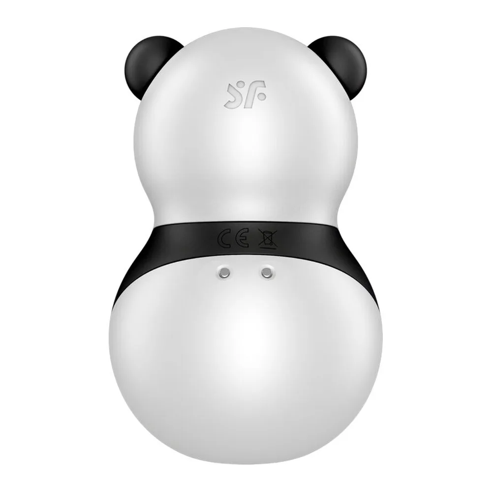 Stimulateur clitoridien en forme de panda blanc et noir avec grands yeux ovales, oreilles arrondies, boutons de contrôle sur le ventre, silicone lisse, design compact et ergonomique