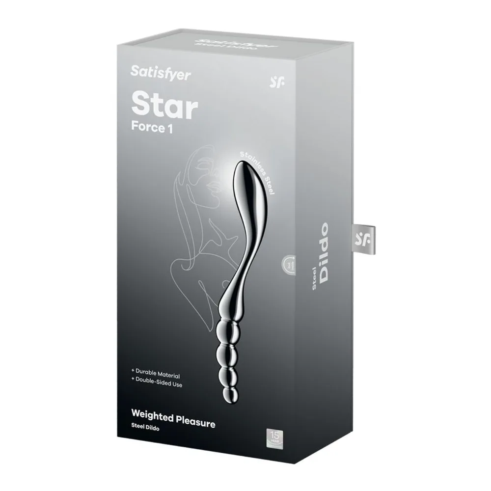 Emballage du godemichet Star Force 1 de Satisfyer en acier inoxydable, montrant le produit métallique aux deux extrémités différentes sur fond dégradé noir et gris