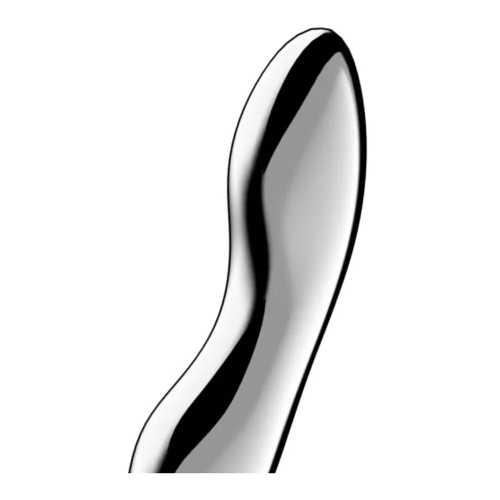 Emballage du Cosmic Crest 2 de Satisfyer montrant un masseur en acier inoxydable noir et blanc aux courbes ondulées, sur fond dégradé gris