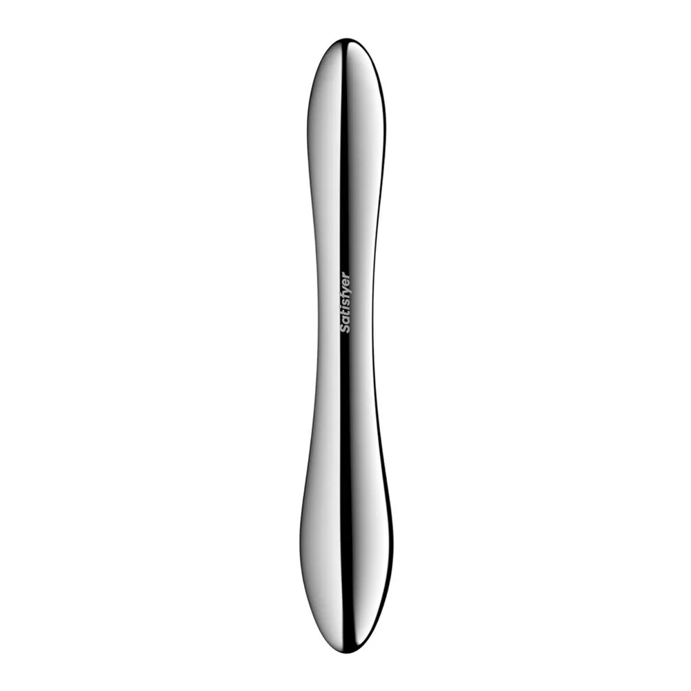 Pure Gravity Satisfyer, gode incurvé en acier inoxydable poli, vue d'ensemble sur fond blanc
