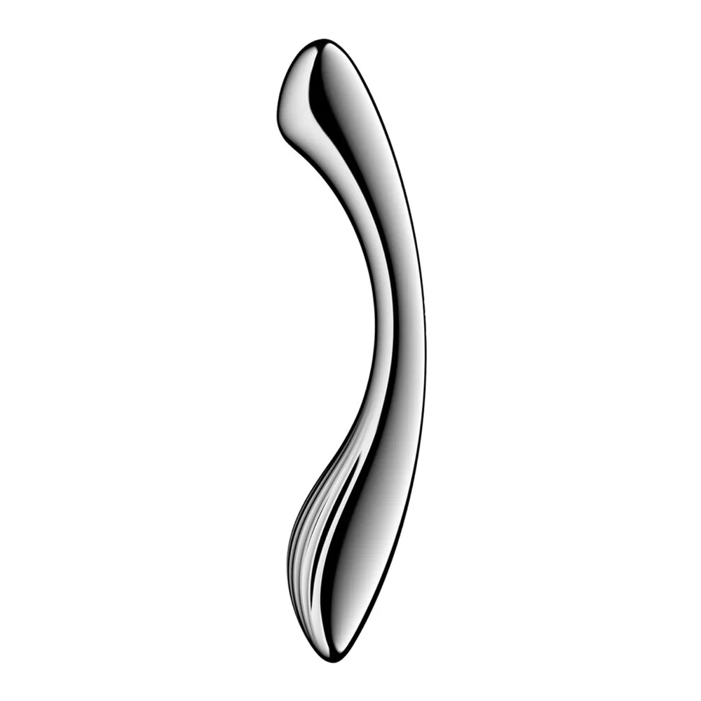 Pure Gravity Satisfyer, gode incurvé en acier inoxydable poli, vue d'ensemble sur fond blanc