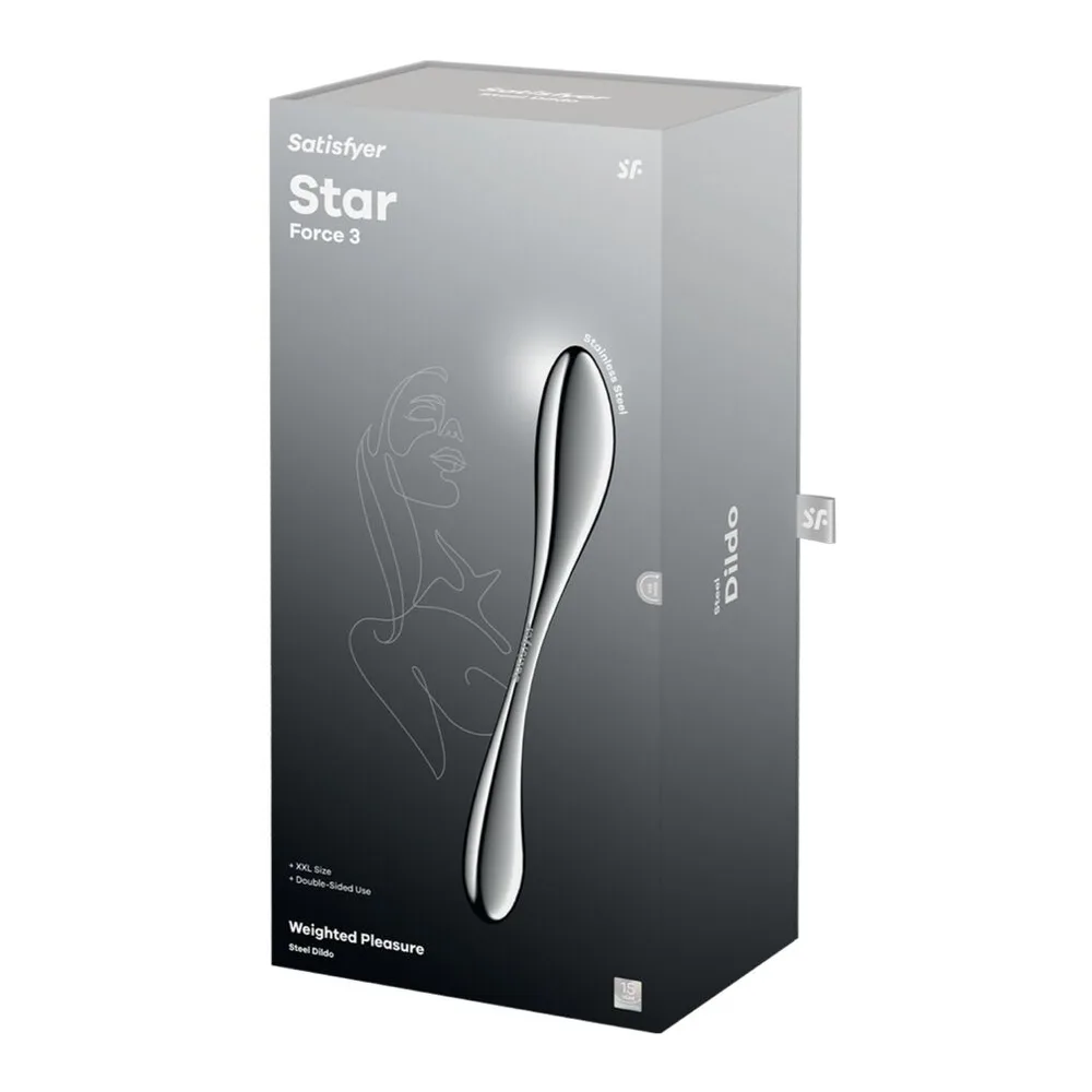 Emballage du sextoy Star Force 3 de Satisfyer, boîte grise avec illustration du produit en métal argenté aux deux extrémités arrondies de diamètres différents