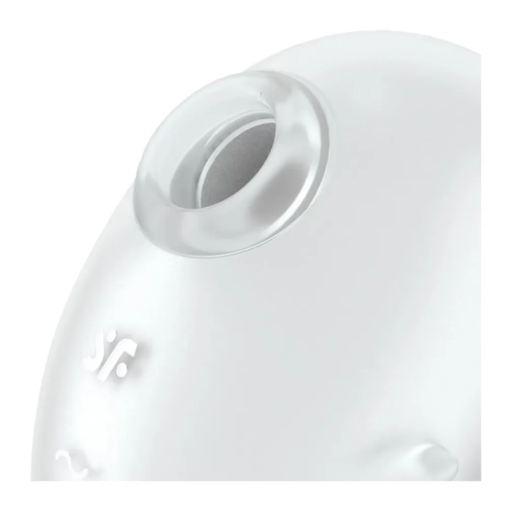 Stimulateur clitoridien en silicone blanc brillant, de forme arrondie épousant les contours du corps, avec deux zones de stimulation distinctes et une zone de préhension sur le côté