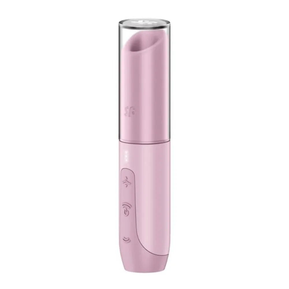 Stimulateur clitoridien rose pâle au format compact avec capuchon transparent, boutons de commande visibles sur le corps inférieur