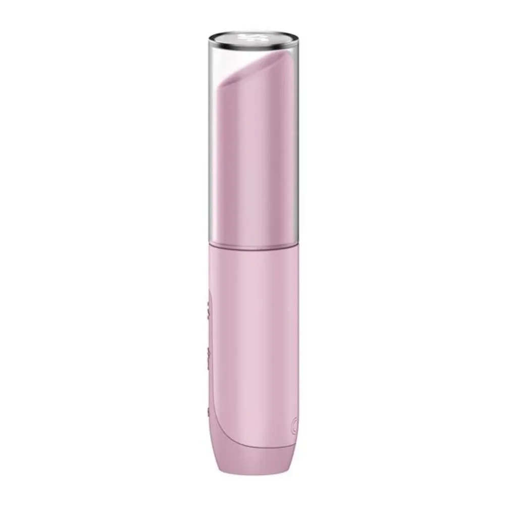 Stimulateur clitoridien rose pâle au format compact avec capuchon transparent, boutons de commande visibles sur le corps inférieur