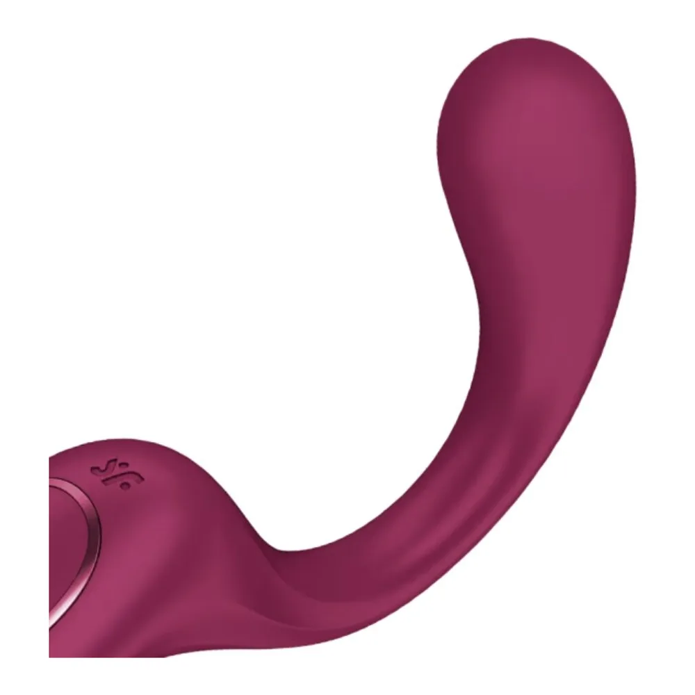 Vibromasseur en silicone bleu canard aux deux bras souples et arrondis, l'un pointé vers le haut et l'autre vers le bas, sur fond blanc