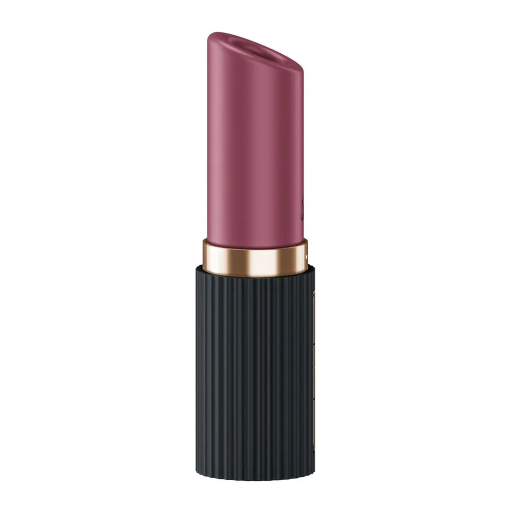 Stimulateur clitoridien Deep Kiss au design de rouge à lèvres, corps noir texturisé et embout rose mauve avec bande dorée, boutons de commande visibles sur le côté