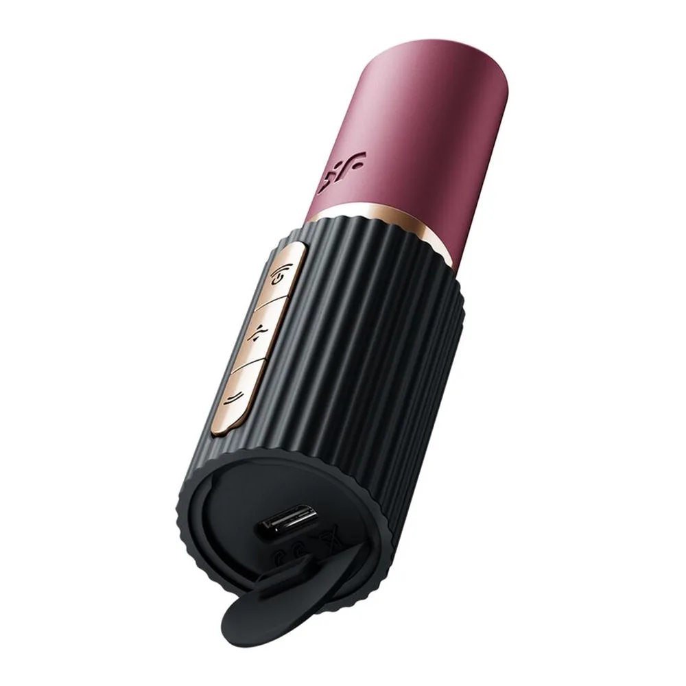 Stimulateur clitoridien rose mauve, corps noir, design tube de rouge à lèvres, autre vue 6