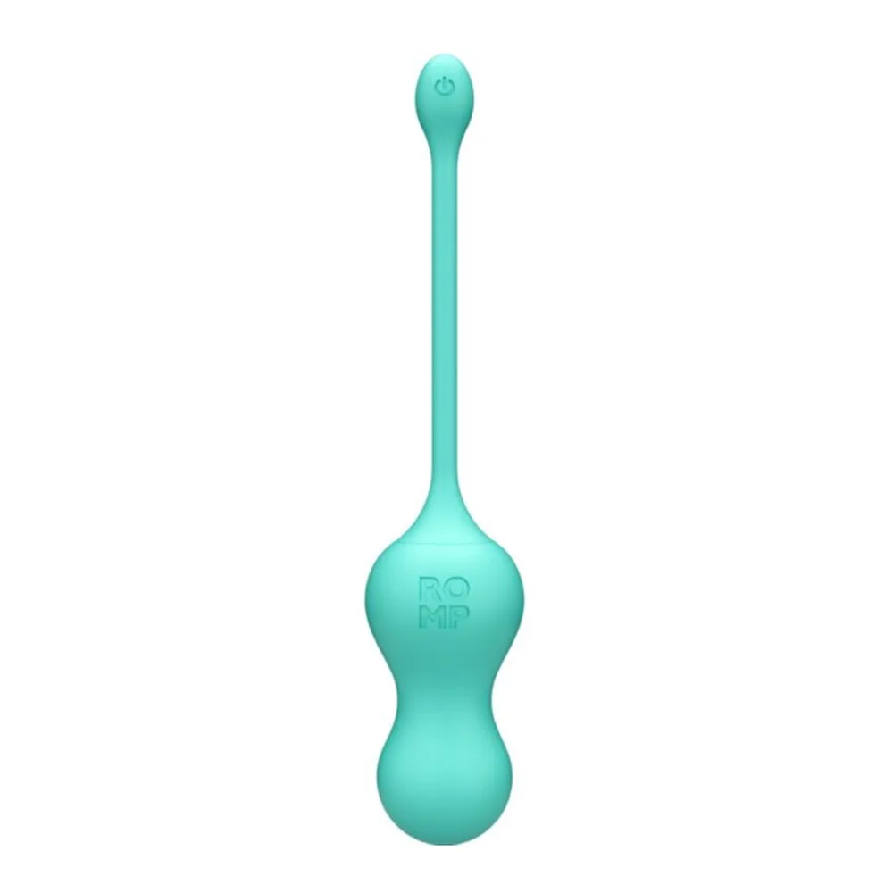 Vibromasseur turquoise en silicone avec forme poire dotée d'une tige flexible, télécommande sans fil incluse, fond blanc