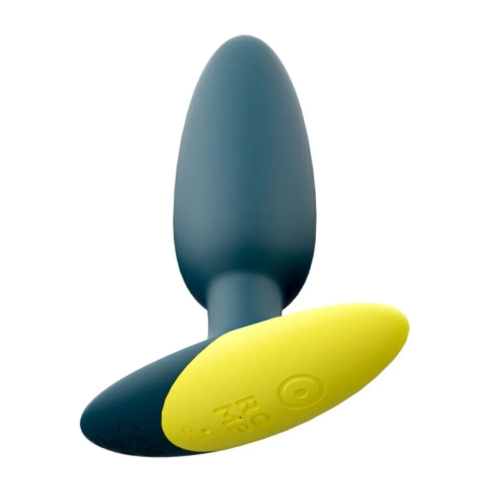 Plug anal de forme ovoïde en silicone bleu-gris, associé à un vibrateur jaune vif avec logo gravé, sur fond blanc