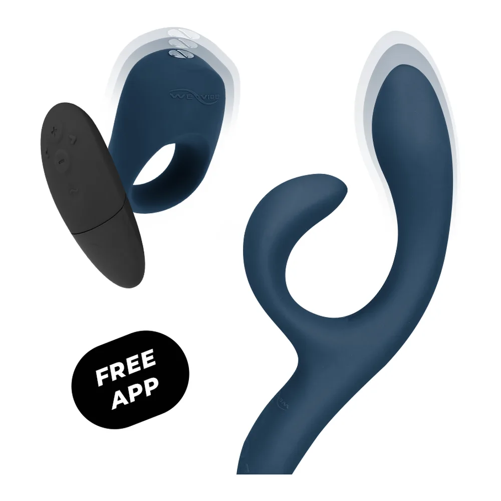 Ensemble de sextoys en silicone bleu marine et anneau noir avec capot transparent, comprenant un rabbit point G et un anneau vibrant, accompagnés du badge "FREE APP" sur fond blanc