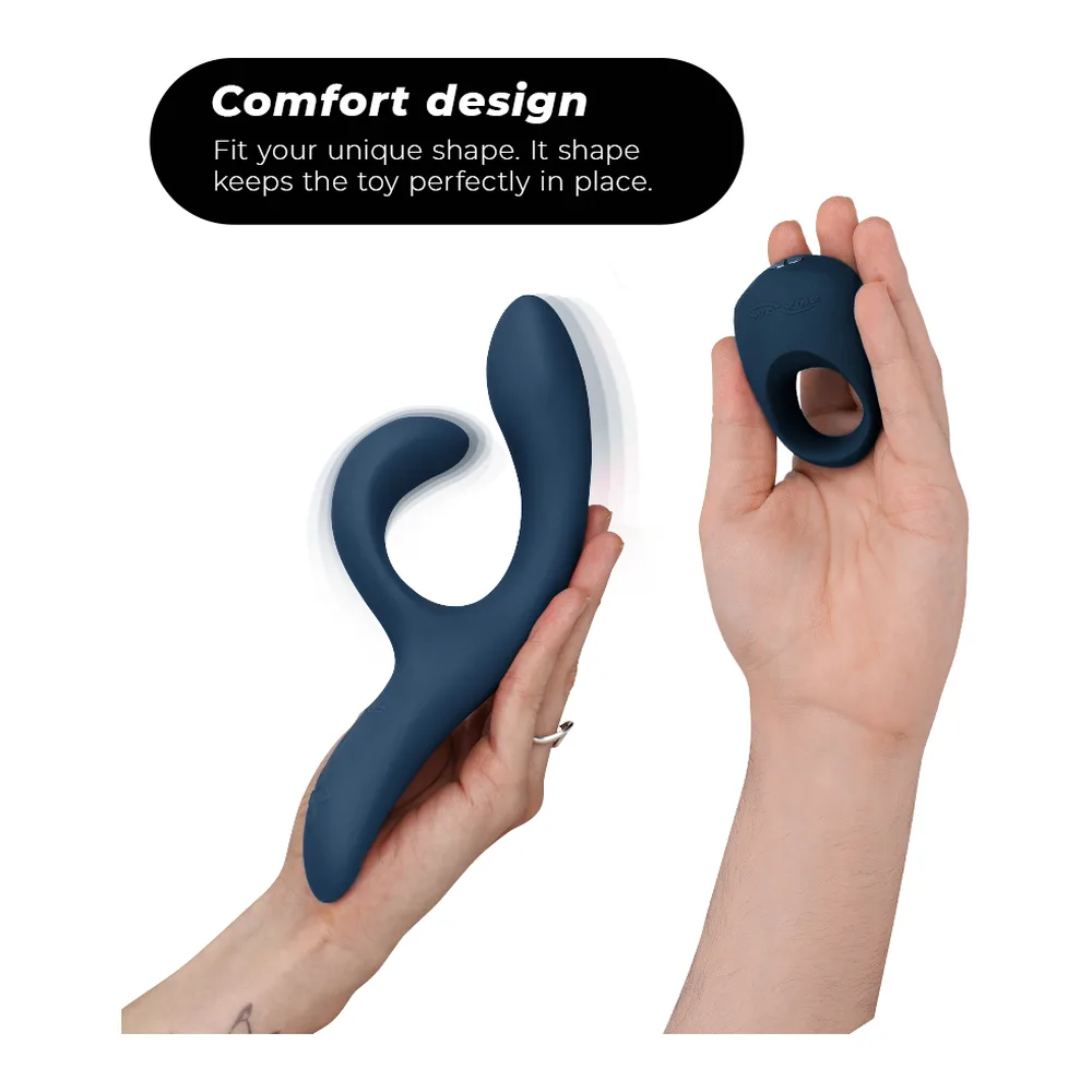 Ensemble de sextoys en silicone bleu marine et anneau noir avec capot transparent, comprenant un rabbit point G et un anneau vibrant, accompagnés du badge "FREE APP" sur fond blanc
