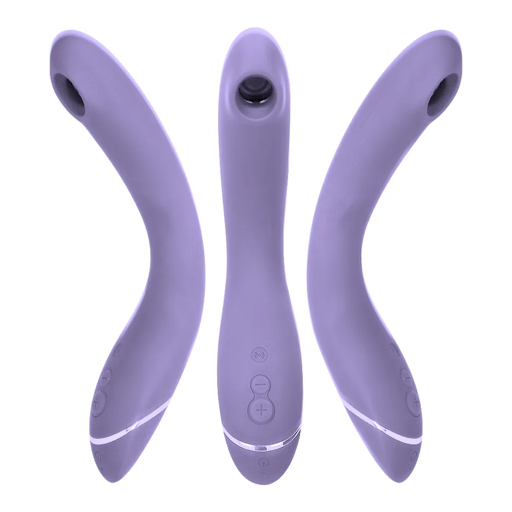 Vibromasseur point G en silicone violet lavande, trois vues montrant sa forme incurvée avec embout arrondi, bouton de contrôle central et bande de texture à la base, sur fond blanc