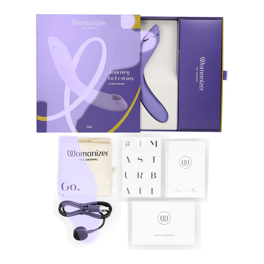 Vibromasseur point G en silicone violet lavande, trois vues montrant sa forme incurvée avec embout arrondi, bouton de contrôle central et bande de texture à la base, sur fond blanc