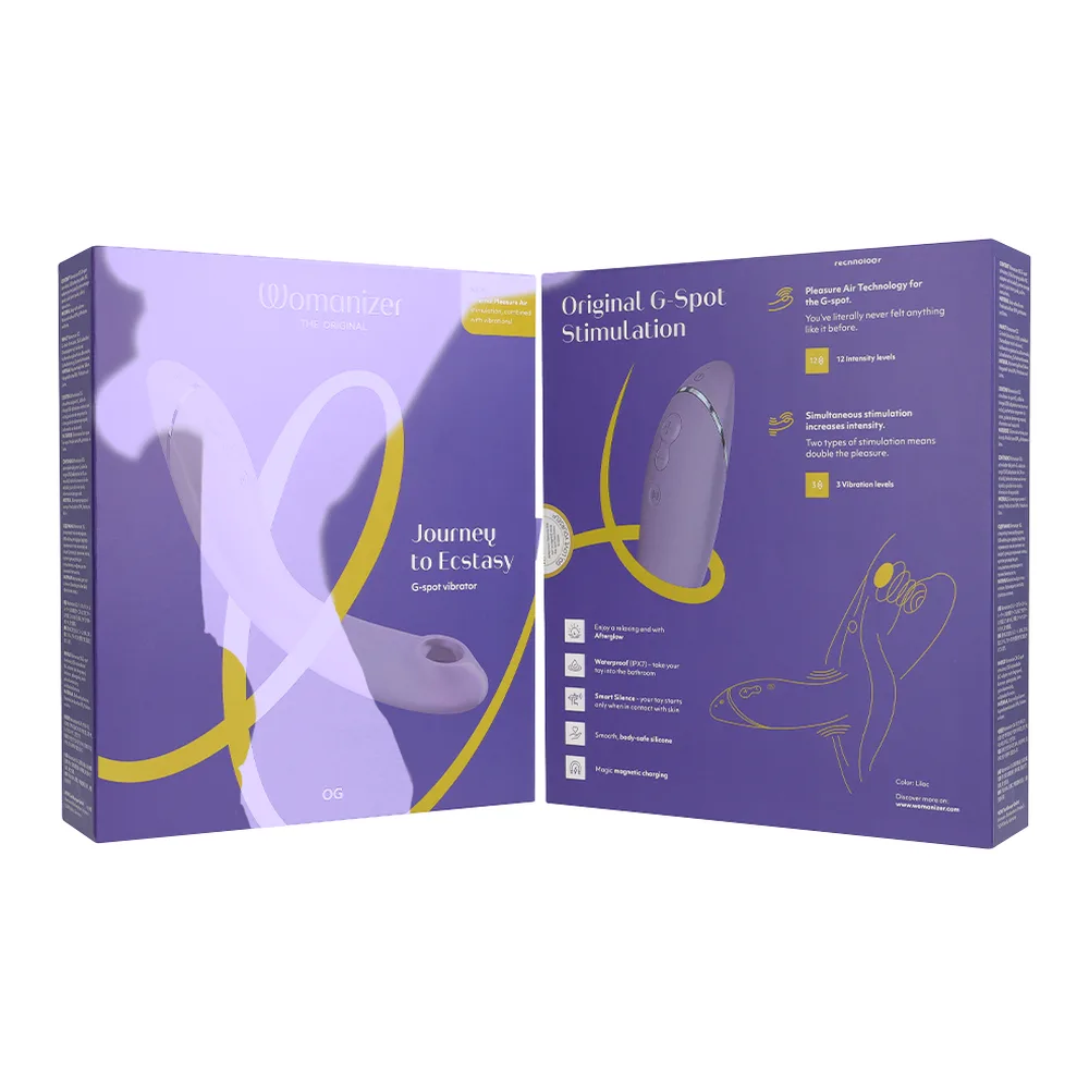 Vibromasseur point G en silicone violet lavande, trois vues montrant sa forme incurvée avec embout arrondi, bouton de contrôle central et bande de texture à la base, sur fond blanc