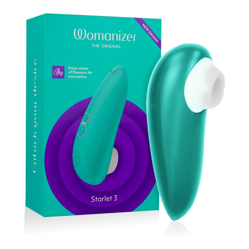 Stimulateur clitoral Starlet turquoise tenu en main, design compact et ergonomique avec embout blanc en silicone, fond blanc