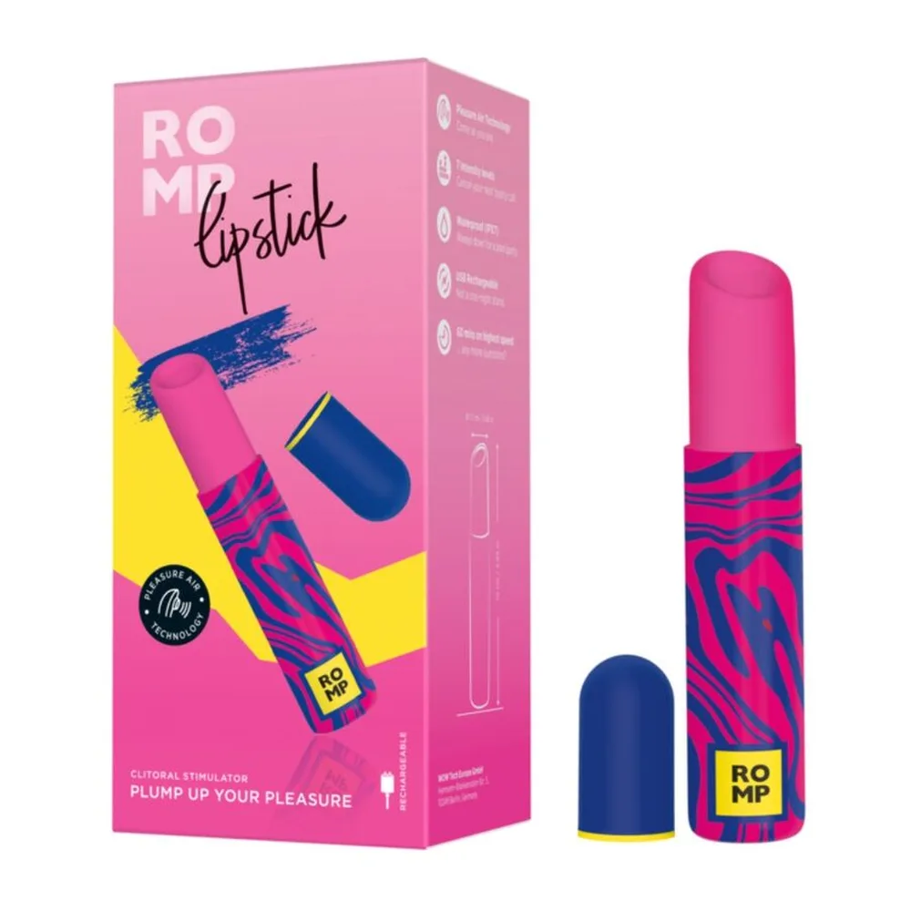 Emballage rose et jaune de stimulateur clitoridien ROMP Lipstick avec le produit fuchsia à bande motif bleu et capuchon bleu marine, présenté à côté de son boîtier