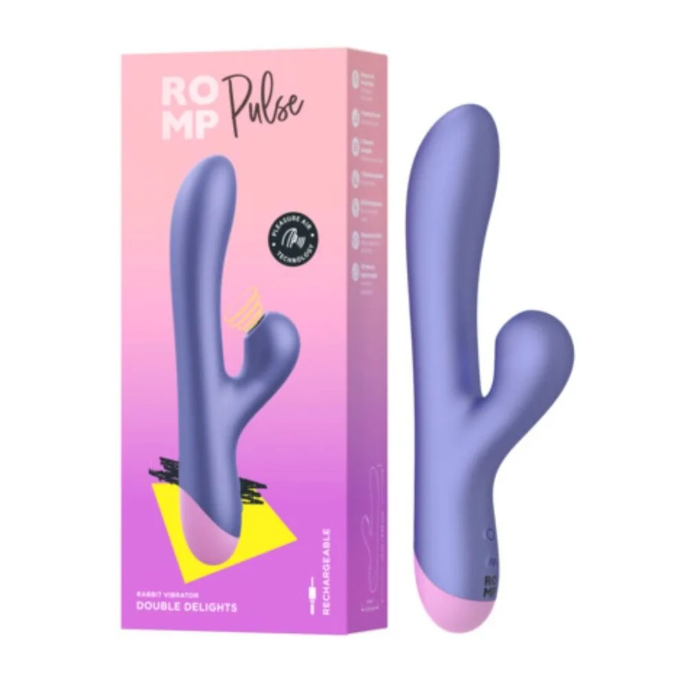 Emballage rose et violet d'un vibromasseur Pulse bleu lavande à double branche, avec branche principale courbe et petite branche latérale, affichage des caractéristiques et du produit à côté