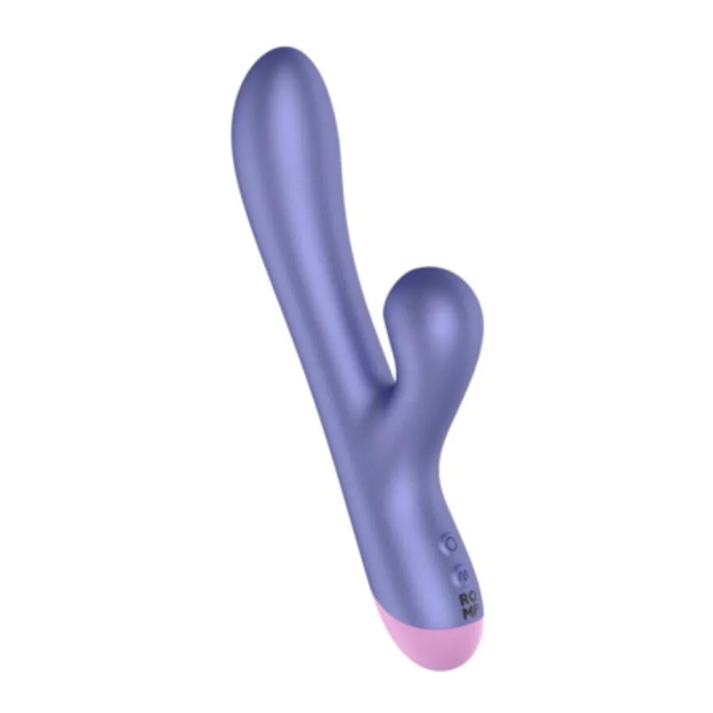Emballage rose et violet d'un vibromasseur Pulse bleu lavande à double branche, avec branche principale courbe et petite branche latérale, affichage des caractéristiques et du produit à côté