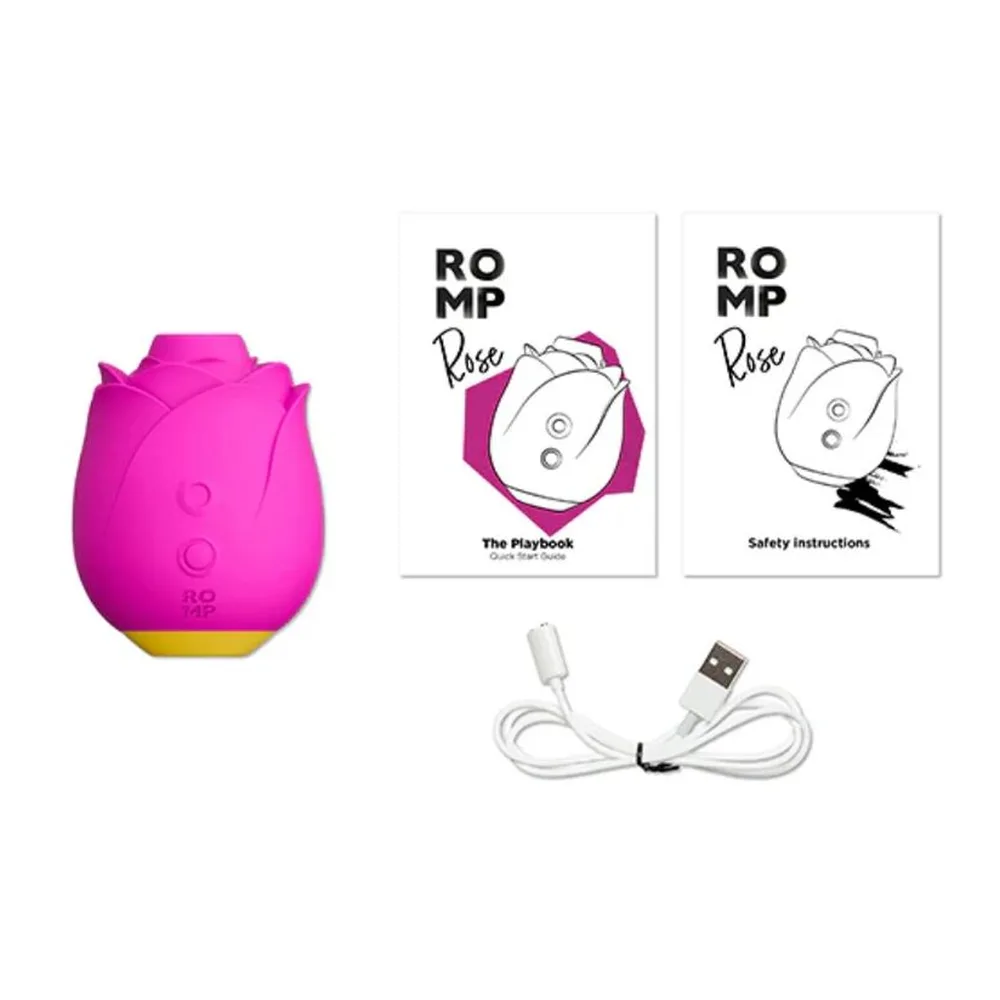 Emballage rose vif avec boîte de présentation et stimulateur clitoridien en silicone magenta avec base jaune, forme de fleur close, contrôles tactiles visibles
