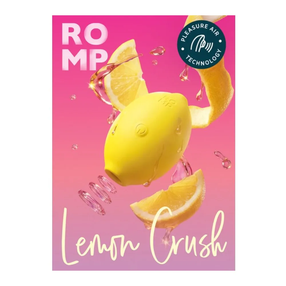 Emballage rose et stimulateur clitoridien jaune en forme de citron, en silicone, avec sa boîte de présentation montrant des tranches de citron et des gouttelettes