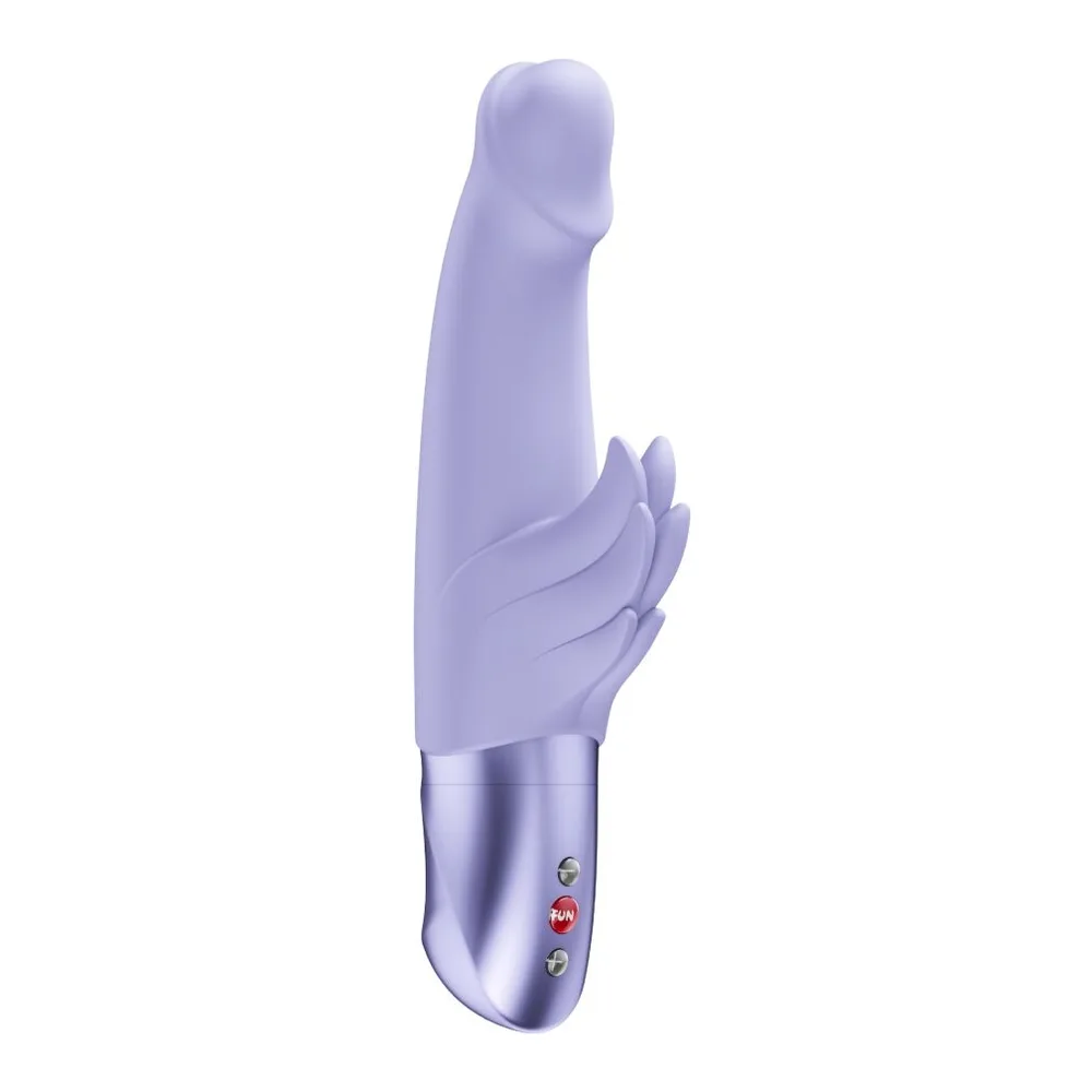 Vibromasseur rabbit en silicone lilas avec tête arrondie, tige texturée d'ailettes et base métallisée argentée, boutons de commande visibles, fond blanc