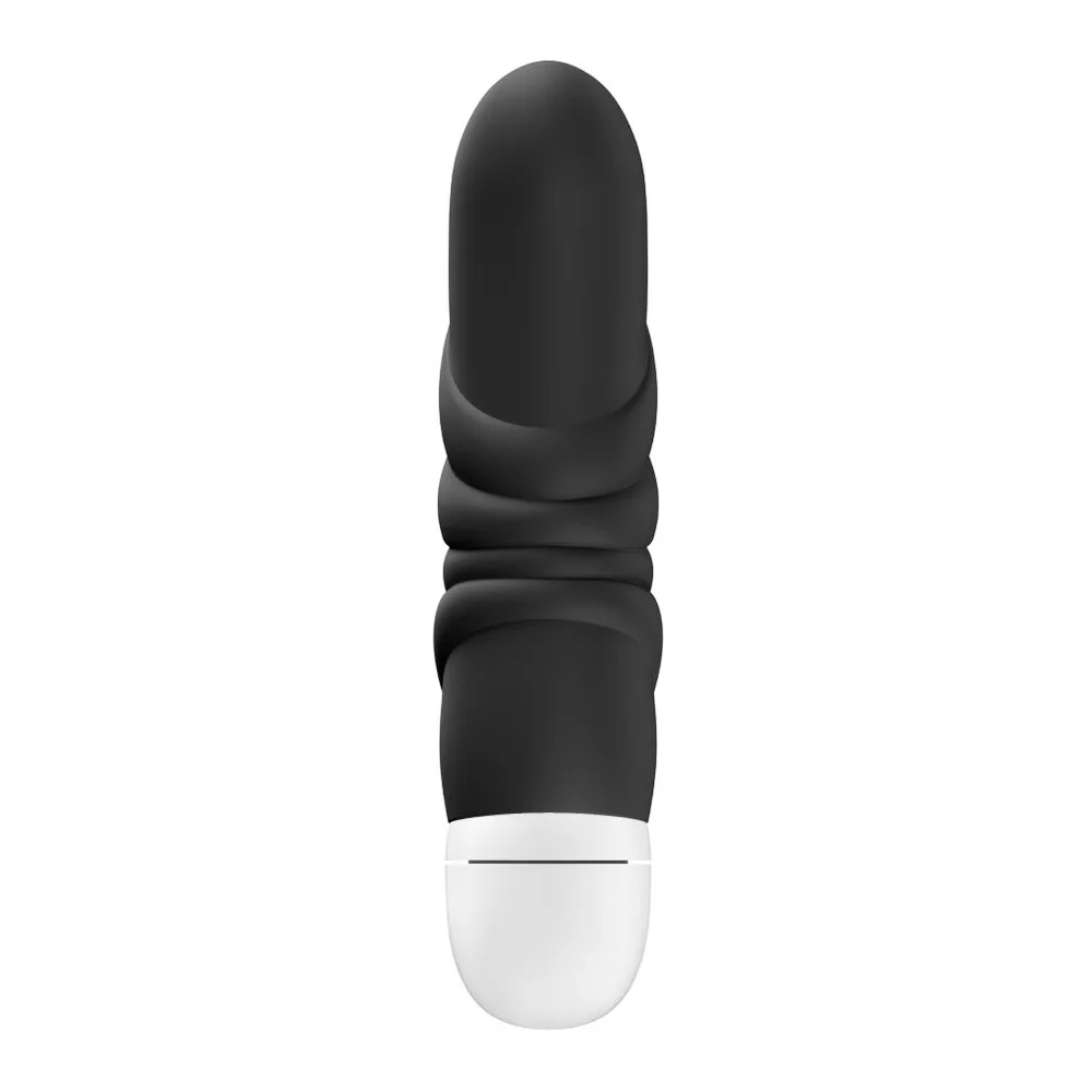 Vibromasseur noir en silicone avec tige texturée et embout blanc, capuchon gris clair, format compact de 12 cm