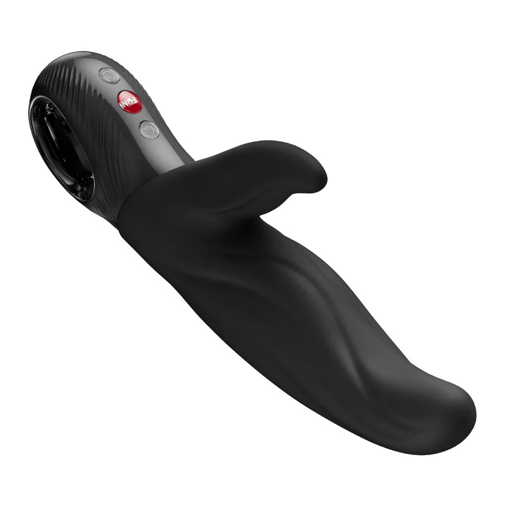 Vibromasseur rabbit noir avec tige flexible incurvée et poignée en boucle, tête grise avec boutons de commande et indicateur lumineux rouge