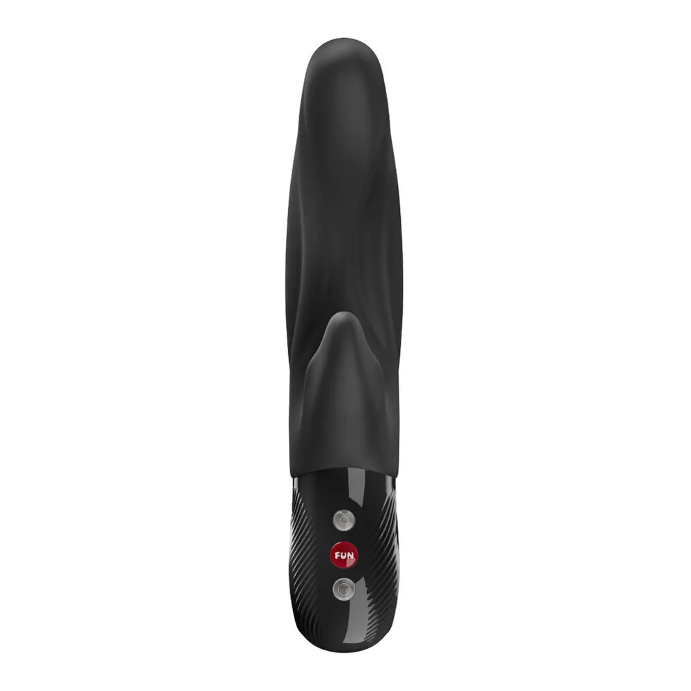 Vibromasseur rabbit noir avec tige flexible incurvée et poignée en boucle, tête grise avec boutons de commande et indicateur lumineux rouge
