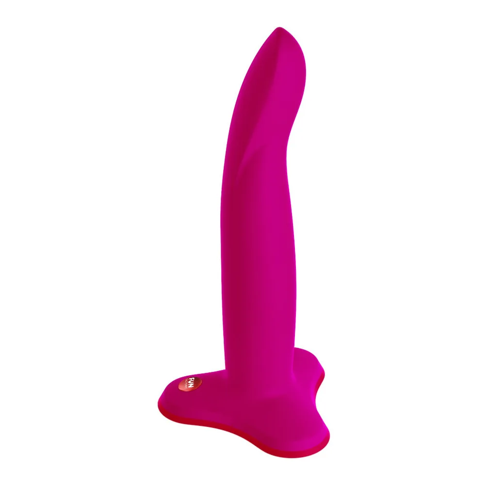 Godemichet en silicone rose fuchsia avec base large évasée et tige flexible, corps lisse avec détails texturés, bouton de commande à la base, sur fond blanc