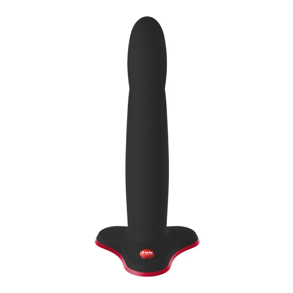 Gode noir à tige flexible avec base en silicone rose vif, embout arrondi, tige ondulée et base large, sur fond blanc