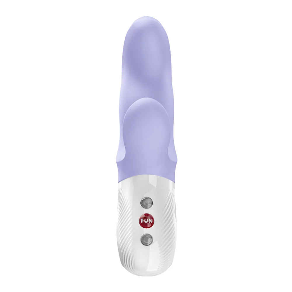 Vibromasseur rabbit blanc et lilas avec tige courbée lilas, moteur de lapin blanc équipé de trois boutons gris et d'un bouton de commande rouge, sur fond blanc