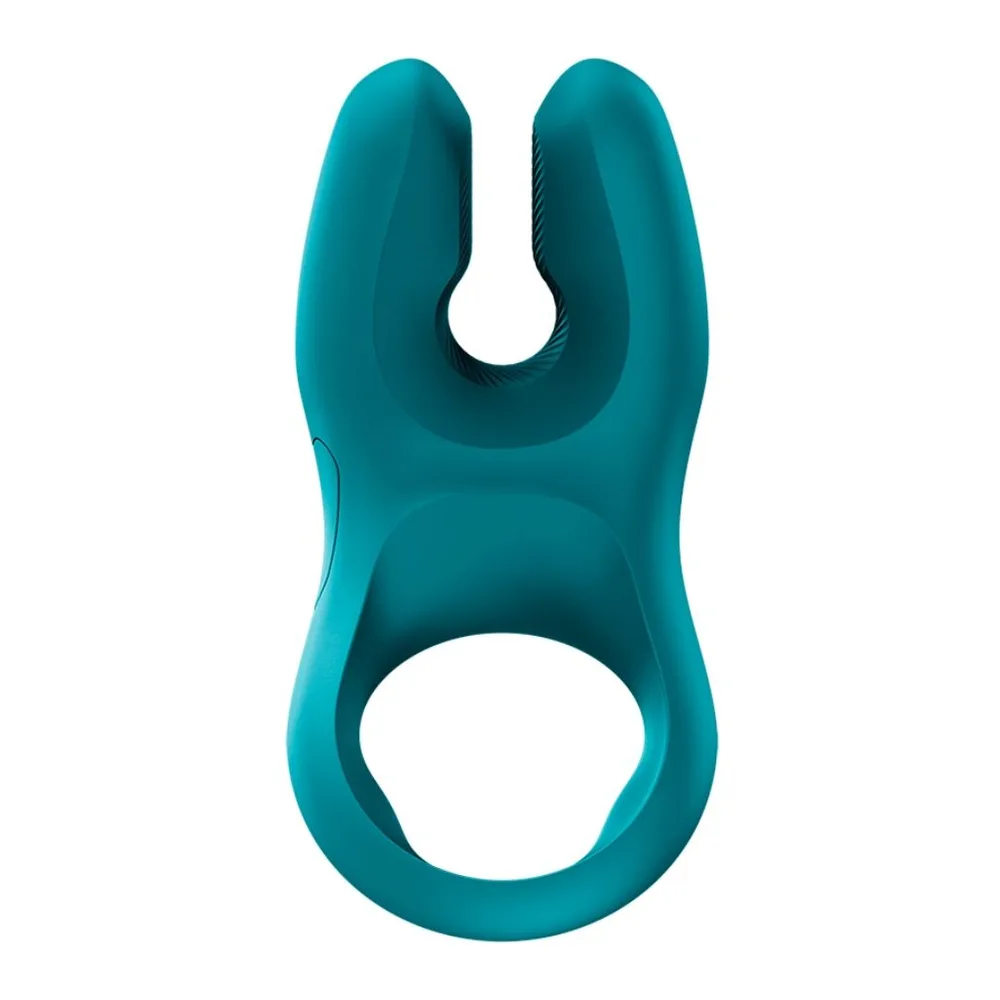 Cockring vibrant NOS Pro en silicone turquoise avec deux bras courts, bouton de commande rouge avec logo NOS, sur fond blanc