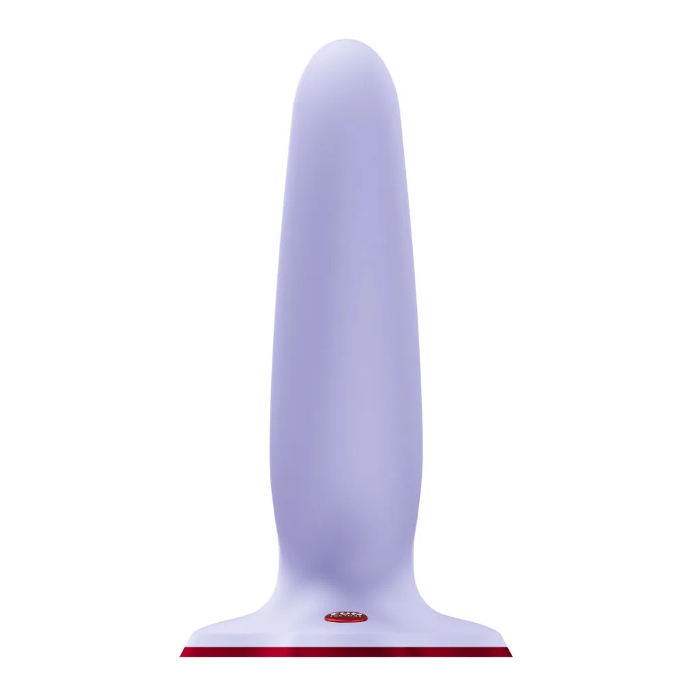 Gode point G en silicone violet clair avec deux tiges courbes sur une base plate à liseré bordeaux, fond blanc