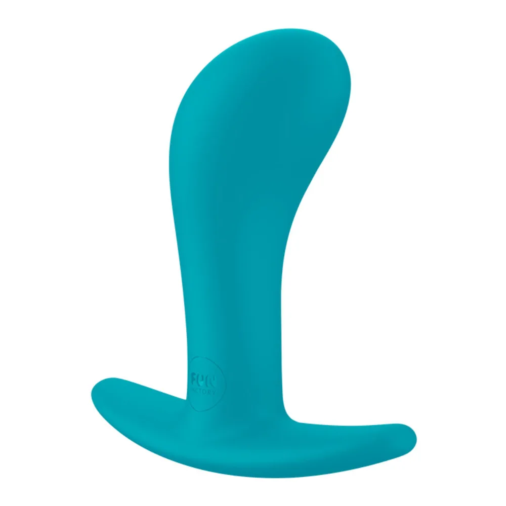 Plug anal en silicone turquoise, forme courbée avec base évasée, fond blanc
