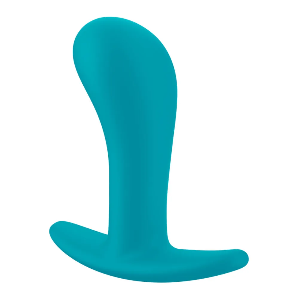 Plug anal en silicone turquoise, forme courbée avec base évasée, fond blanc