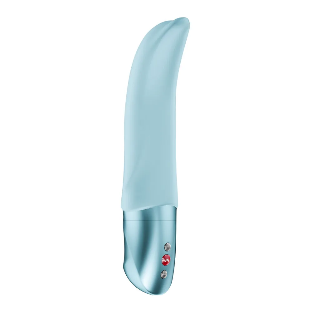 Vibromasseur noir et gris au design allongé avec embout incurvé, trois boutons de commande et logo rouge sur la base, fond blanc
