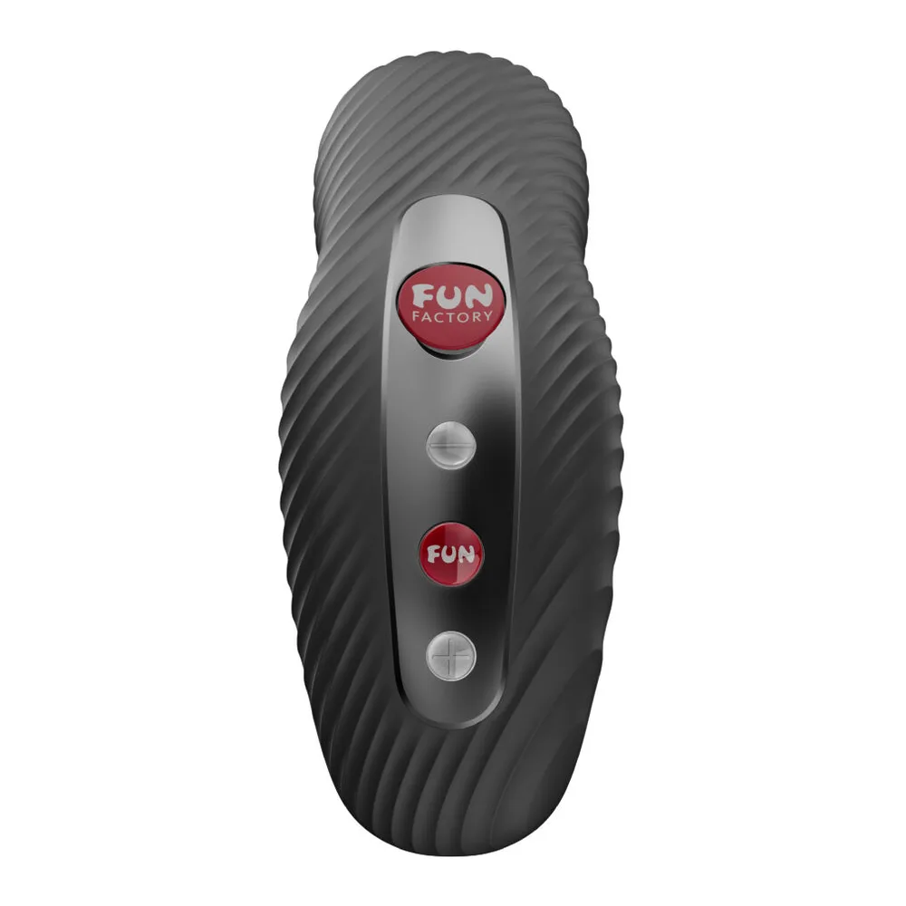Vibromasseur noir texturé avec rainures ondulées, bande de commande centrale grise et deux boutons rouges Fun Factory, sur fond blanc