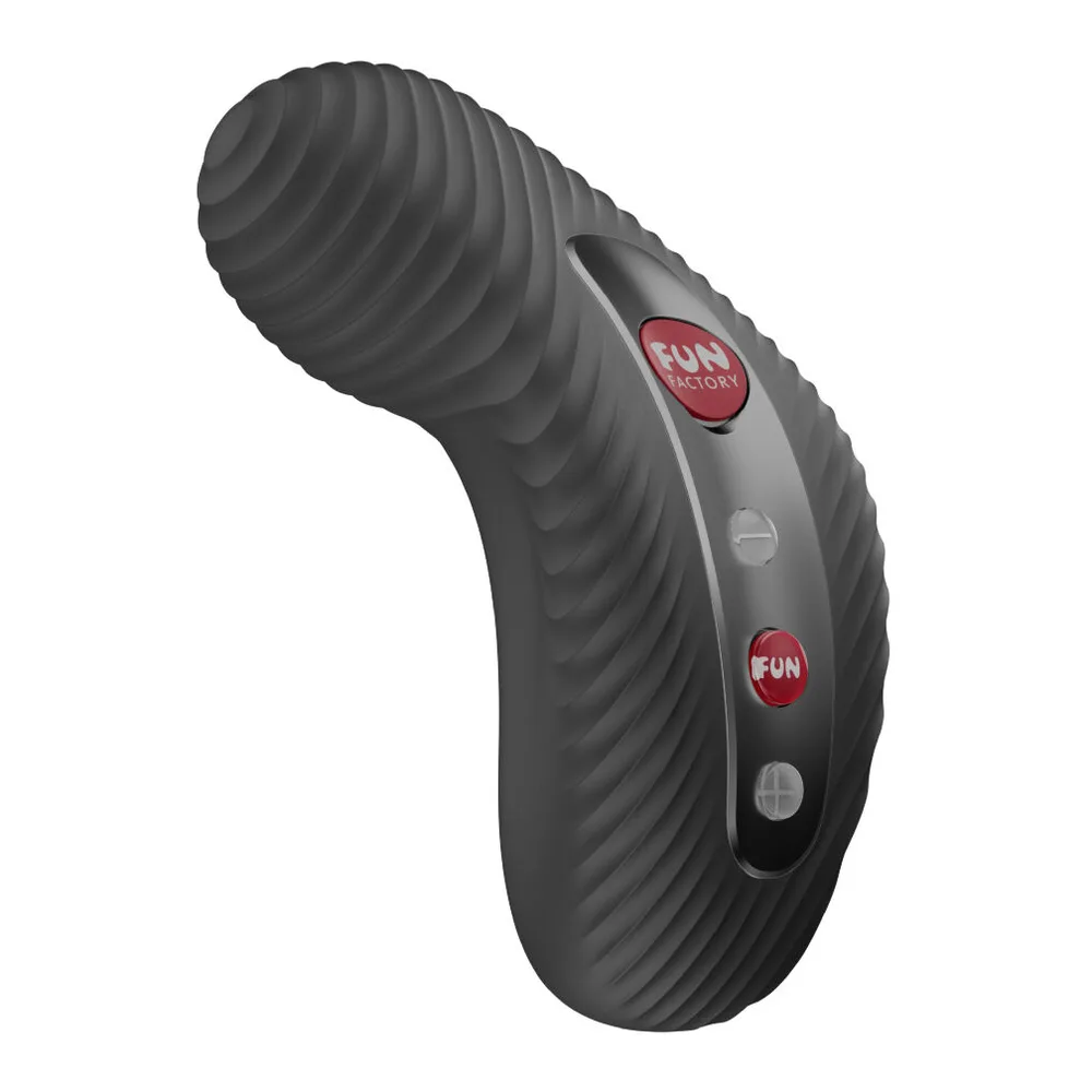 Vibromasseur noir texturé avec rainures ondulées, bande de commande centrale grise et deux boutons rouges Fun Factory, sur fond blanc